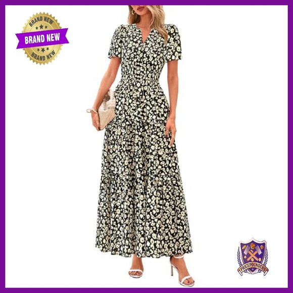 Boho Maxi Dress with Pockets, V-Neck, Tiered Flowy Summer Beach Dress - Picture 2 of 8